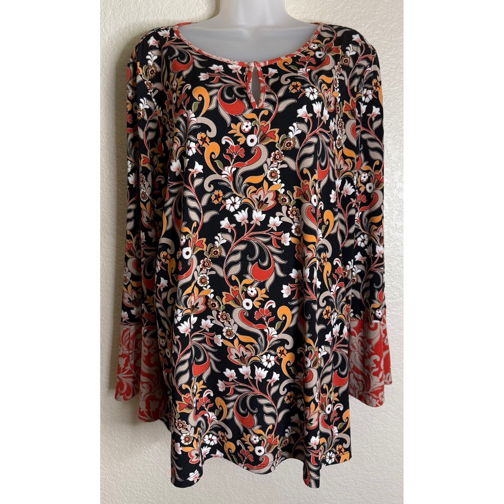 Susan Graver Womens XL Tunic Black Orange Floral Paisley Bell Sleeve Keyhole Top